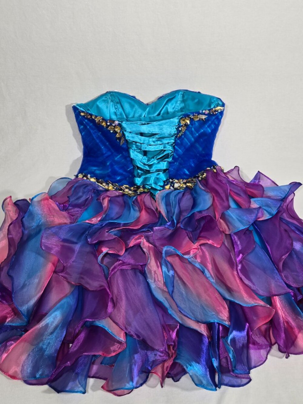 Y2K Vintage PRECIOUS FORMALS Blue-Ombre Strapless Ruffles Mini DRESS Size 8-12. - Picture 7 of 17